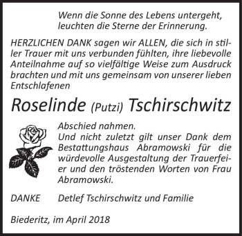 Traueranzeige von Roselinde (Putzi) Tschirschwitz  von Magdeburger Volksstimme