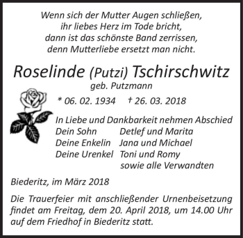 Traueranzeige von Roselinde (Putzi) Tschirschwitz (geb. Putzmann)  von Magdeburger Volksstimme