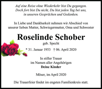 Traueranzeige von Roselinde Schober (geb. Specht)  von Magdeburger Volksstimme