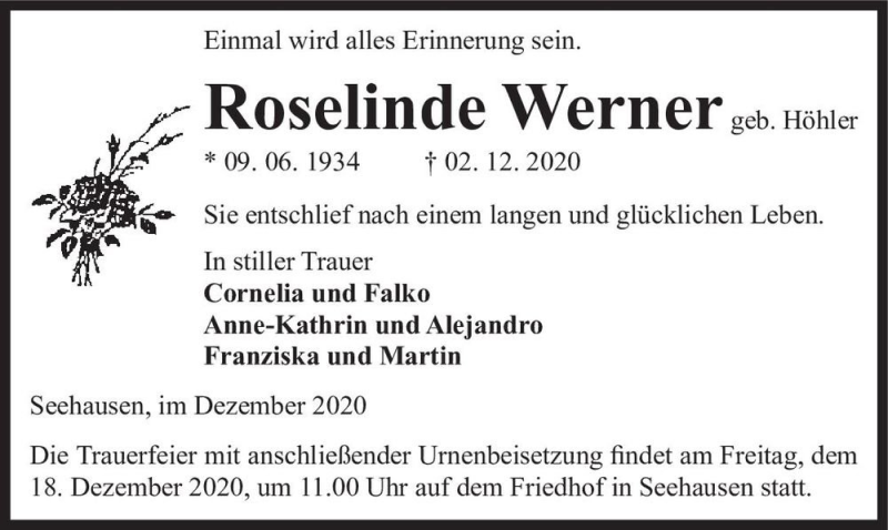  Traueranzeige für Roselinde Werner (geb. Höhler)  vom 04.12.2020 aus Magdeburger Volksstimme