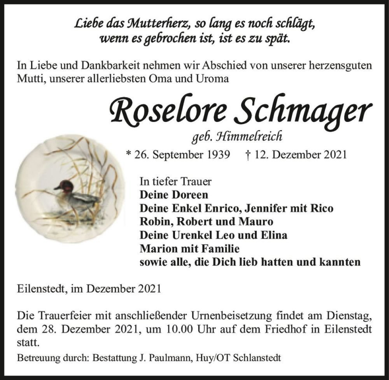  Traueranzeige für Roselore Schmager (geb. Himmelreich)  vom 18.12.2021 aus Magdeburger Volksstimme