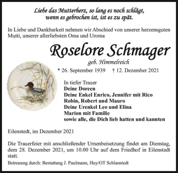 Traueranzeige von Roselore Schmager (geb. Himmelreich)  von Magdeburger Volksstimme