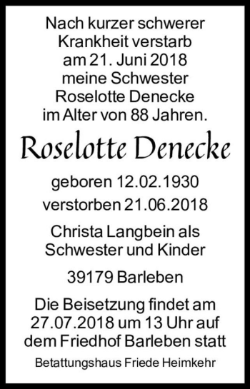 Traueranzeige von Roselotte Denecke  von Magdeburger Volksstimme