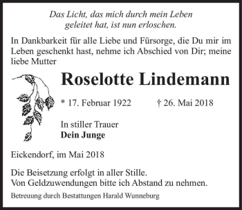 Traueranzeige von Roselotte Lindemann  von Magdeburger Volksstimme