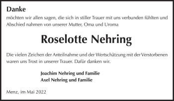 Traueranzeige von Roselotte Nehring  von Magdeburger Volksstimme