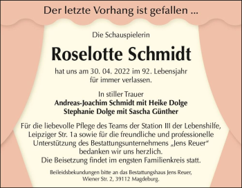 Traueranzeige von Roselotte Schmidt  von Magdeburger Volksstimme