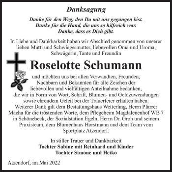Traueranzeige von Roselotte Schumann  von Magdeburger Volksstimme