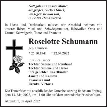 Traueranzeige von Roselotte Schumann (geb. Haustein)  von Magdeburger Volksstimme