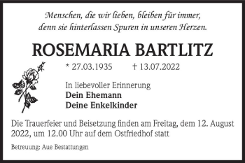Traueranzeige von Rosemaria Bartlitz  von Magdeburger Volksstimme