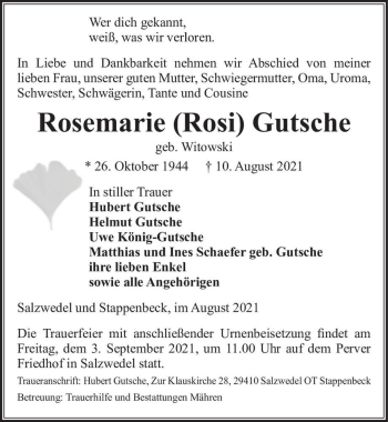 Traueranzeige von Rosemarie (Rosi) Gutsche (geb. Witowski)  von Magdeburger Volksstimme