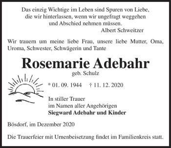 Traueranzeige von Rosemarie Adebahr (geb. Schulz)  von Magdeburger Volksstimme