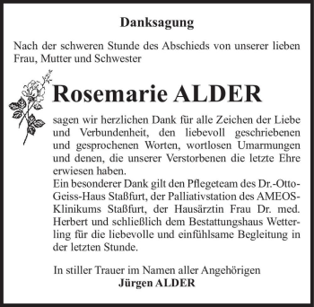 Traueranzeige von Rosemarie Alder  von Magdeburger Volksstimme