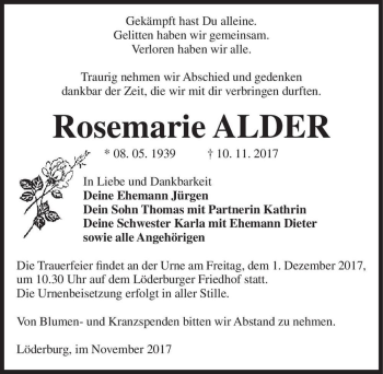 Traueranzeige von Rosemarie Alder  von Magdeburger Volksstimme