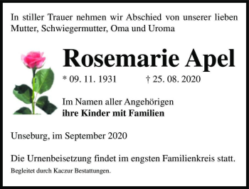 Traueranzeige von Rosemarie Apel  von Magdeburger Volksstimme