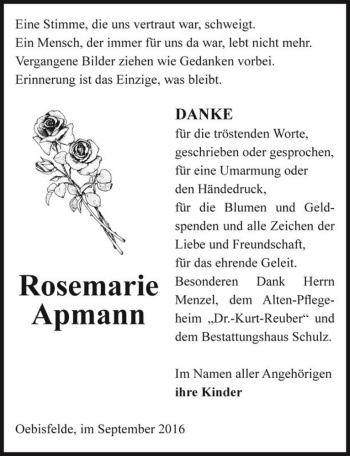 Traueranzeige von Rosemarie Apmann  von Magdeburger Volksstimme