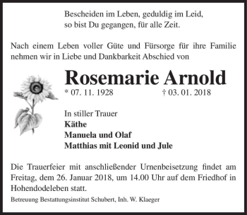 Traueranzeige von Rosemarie Arnold  von Magdeburger Volksstimme