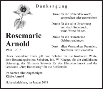 Traueranzeige von Rosemarie Arnold  von Magdeburger Volksstimme