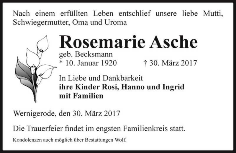  Traueranzeige für Rosemarie Asche (geb. Becksmann)  vom 08.04.2017 aus Magdeburger Volksstimme