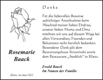 Traueranzeige von Rosemarie Baack  von Magdeburger Volksstimme