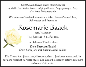 Traueranzeige von Rosemarie Baack (geb. Wagener)  von Magdeburger Volksstimme