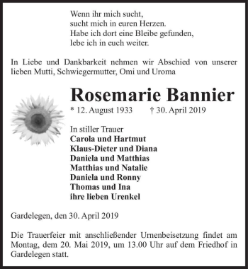 Traueranzeige von Rosemarie Bannier  von Magdeburger Volksstimme