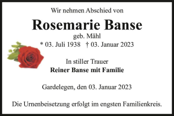 Traueranzeige von Rosemarie Banse (geb. Mähl)  von Magdeburger Volksstimme