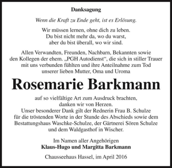 Traueranzeige von Rosemarie Barkmann  von Magdeburger Volksstimme