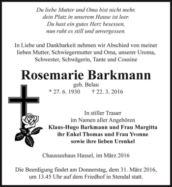 Traueranzeige von Rosemarie Barkmann (geb. Belau)  von Magdeburger Volksstimme