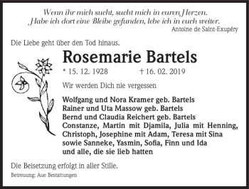 Traueranzeige von Rosemarie Bartels  von Magdeburger Volksstimme