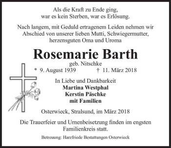 Traueranzeige von Rosemarie Barth (geb. Nitschke)  von Magdeburger Volksstimme