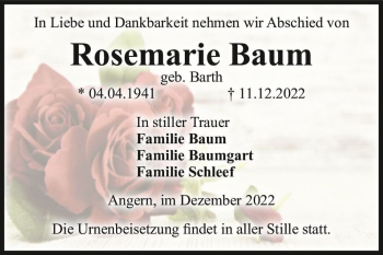 Traueranzeige von Rosemarie Baum (geb. Barth)  von Magdeburger Volksstimme