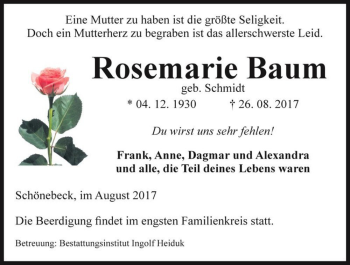 Traueranzeige von Rosemarie Baum (geb. Schmidt)  von Magdeburger Volksstimme