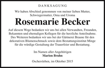 Traueranzeige von Rosemarie Becker  von Magdeburger Volksstimme