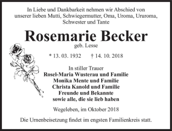 Traueranzeige von Rosemarie Becker (geb. Lesse)  von Magdeburger Volksstimme