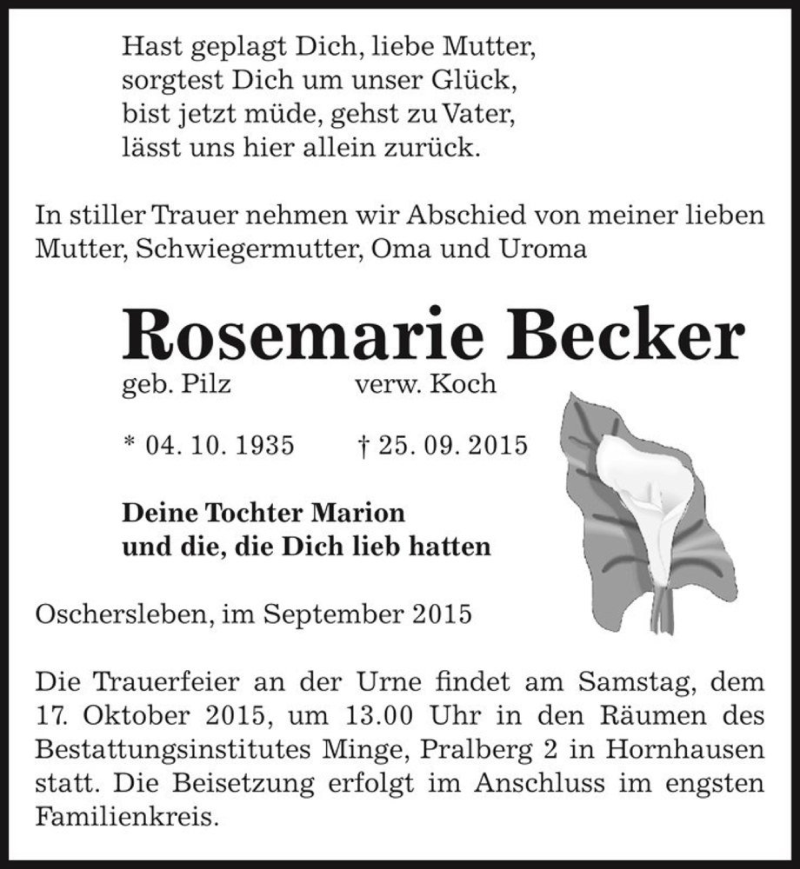 Traueranzeige für Rosemarie Becker (geb. Pilz, verw. Koch)  vom 02.10.2015 aus Magdeburger Volksstimme