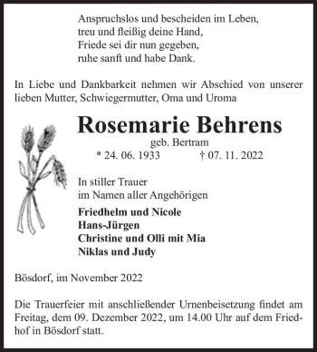 Traueranzeige von Rosemarie Behrens (geb. Bertram)  von Magdeburger Volksstimme