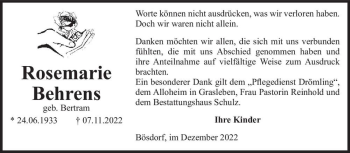 Traueranzeige von Rosemarie Behrens (geb. Bertram)  von Magdeburger Volksstimme