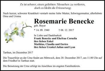 Traueranzeige von Rosemarie Benecke (geb. Heyer)  von Magdeburger Volksstimme