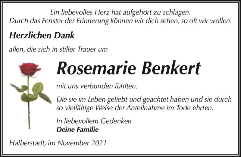  Traueranzeige für Rosemarie Benkert  vom 04.12.2021 aus Magdeburger Volksstimme