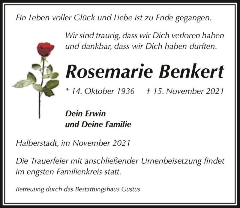  Traueranzeige für Rosemarie Benkert  vom 20.11.2021 aus Magdeburger Volksstimme