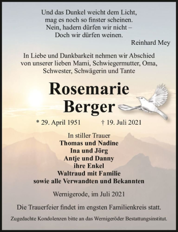 Traueranzeige von Rosemarie Berger  von Magdeburger Volksstimme