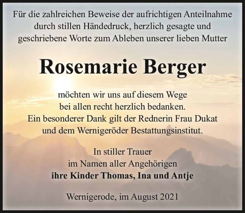  Traueranzeige für Rosemarie Berger  vom 27.08.2021 aus Magdeburger Volksstimme