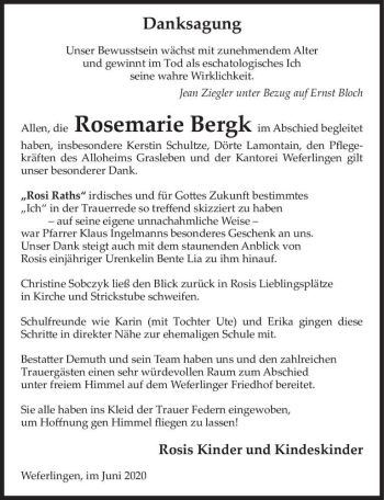 Traueranzeige von Rosemarie Bergk  von Magdeburger Volksstimme