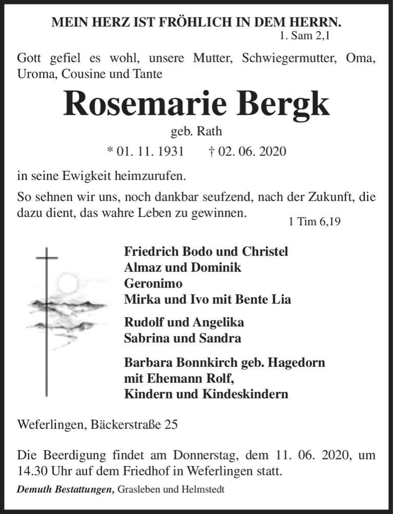  Traueranzeige für Rosemarie Bergk (geb. Rath)  vom 06.06.2020 aus Magdeburger Volksstimme