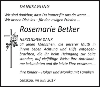 Traueranzeige von Rosemarie Betker  von Magdeburger Volksstimme