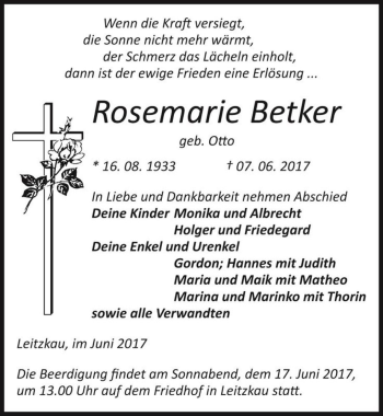 Traueranzeige von Rosemarie Betker (geb. Otto)  von Magdeburger Volksstimme
