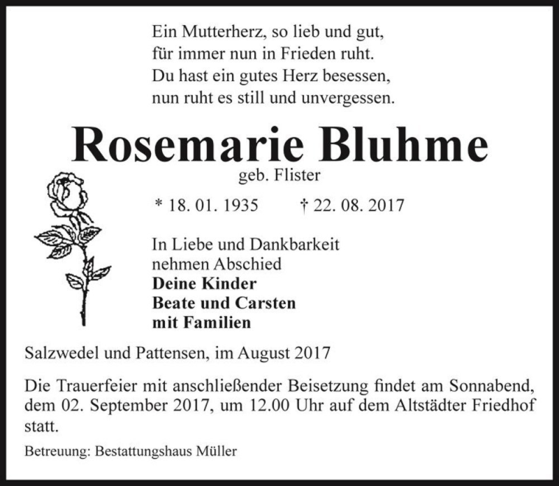  Traueranzeige für Rosemarie Bluhme (geb. Flister)  vom 24.08.2017 aus Magdeburger Volksstimme