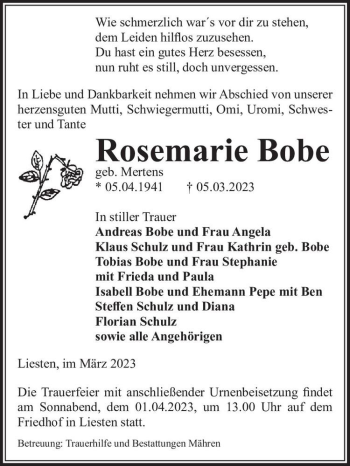 Traueranzeige von Rosemarie Bobe (geb. Mertens)  von Magdeburger Volksstimme