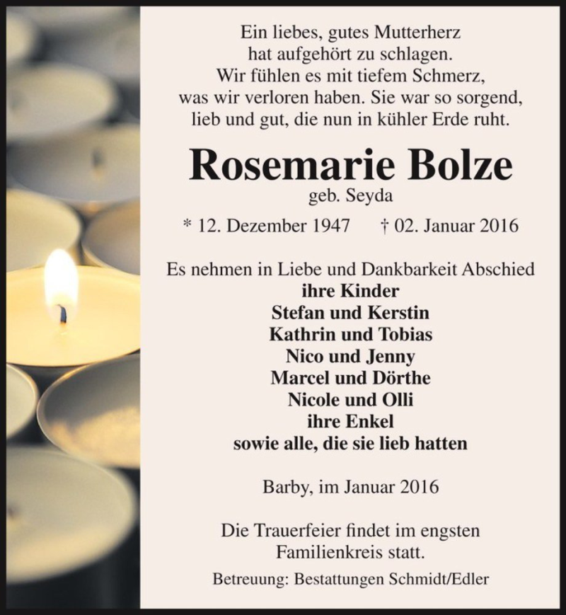  Traueranzeige für Rosemarie Bolze (geb. Seyda)  vom 09.01.2016 aus Magdeburger Volksstimme
