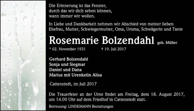  Traueranzeige für Rosemarie Bolzendahl (geb. Müller)  vom 29.07.2017 aus Magdeburger Volksstimme
